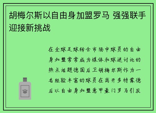 胡梅尔斯以自由身加盟罗马 强强联手迎接新挑战 胡梅尔斯以自由身加盟罗马 强强联手迎接新挑战