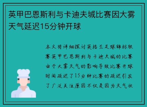 英甲巴恩斯利与卡迪夫城比赛因大雾天气延迟15分钟开球 英甲巴恩斯利与卡迪夫城比赛因大雾天气延迟15分钟开球